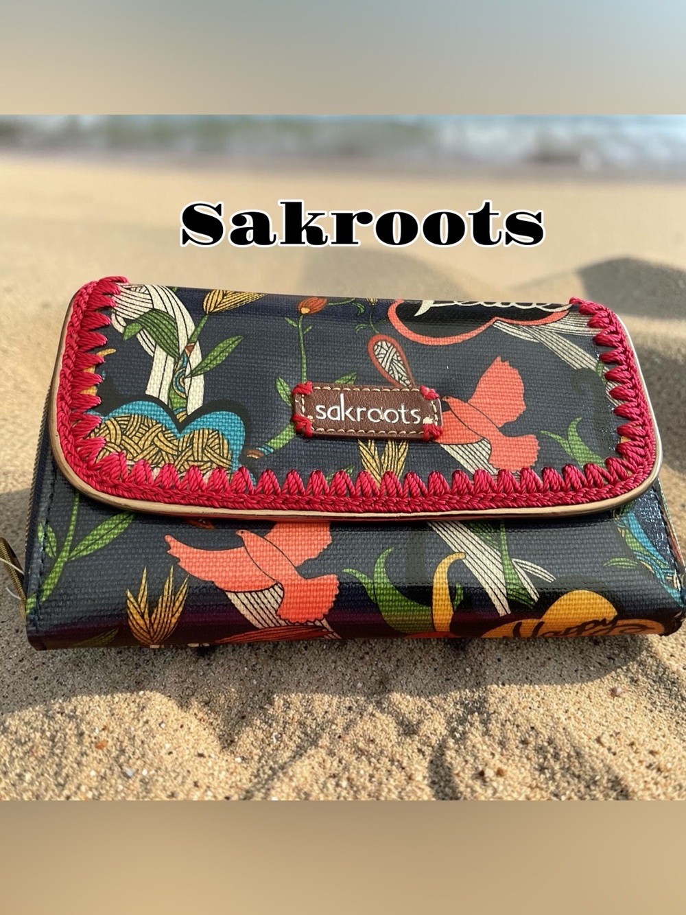 Sakroots Navy Floral Wallet with Red Trim and Multicolor Accents